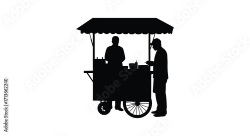 Silhouetted food cart with two people a vendor and a customer