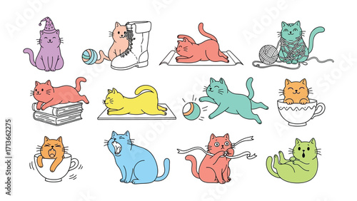 Playful Poses of Colorful Cats: A delightful array of illustrated feline characters, each showcasing their unique personality and charm, in a vibrant and playful collection. 