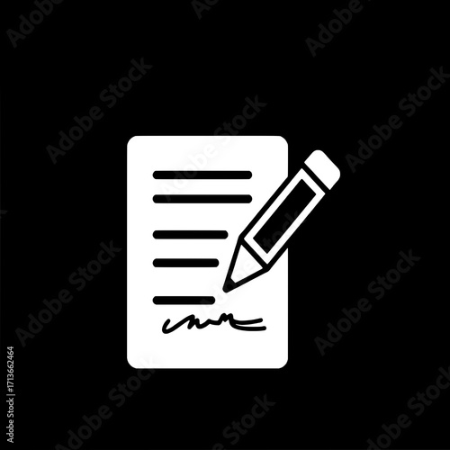Signed Document Icon: White on Black, Simple, Flat Style