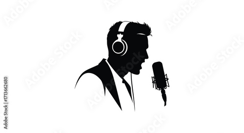 Silhouette of a singer with headphones and microphone a musical performance