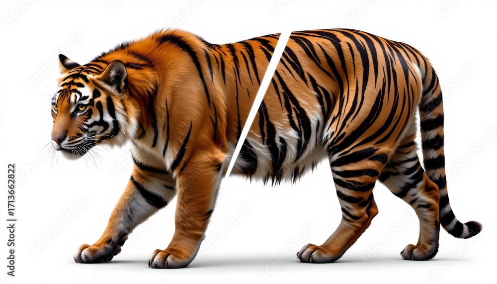 Obraz premium A striking juxtaposition of two tigers: one in its natural habitat and the other digitally inserted into a human environment.
