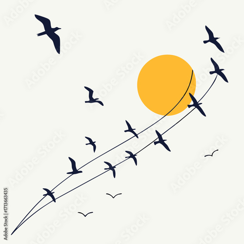 A flock of dark blue seagulls in silhouette flies in formation towards a bright yellow sun against a pale cream background with thin curved lines