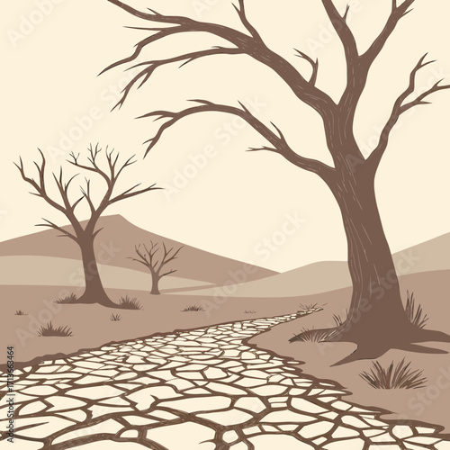 A barren cracked earth path winds through a dry desolate landscape with silhouetted leafless trees and rolling hills under a pale sky