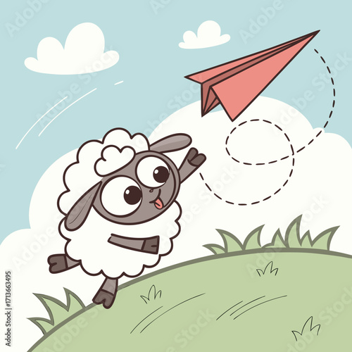 A happy cartoon sheep with big eyes and a fluffy white fleece jumps joyfully while chasing a red paper airplane flying through the sky on a bright sunny day