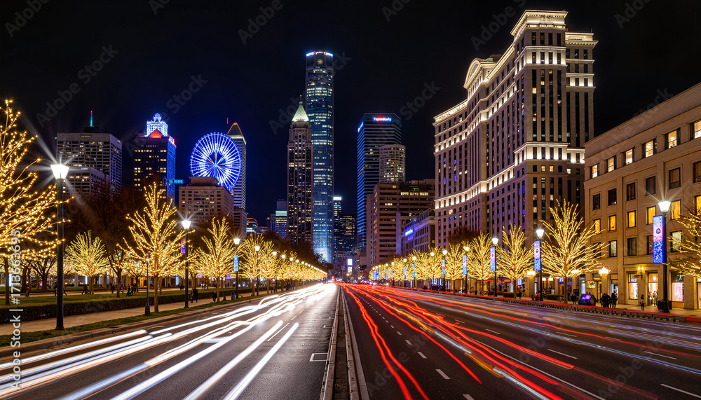 Fototapeta premium Festive night cityscape with twinkling lights and illuminated trees, celebration