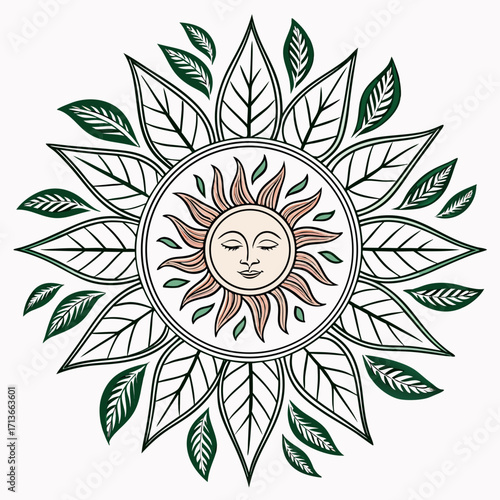 A serene sun face with closed eyes radiates warmth and light surrounded by a circular mandala of vibrant green leaves and delicate floral patterns symbolizing nature growth and celestial energy