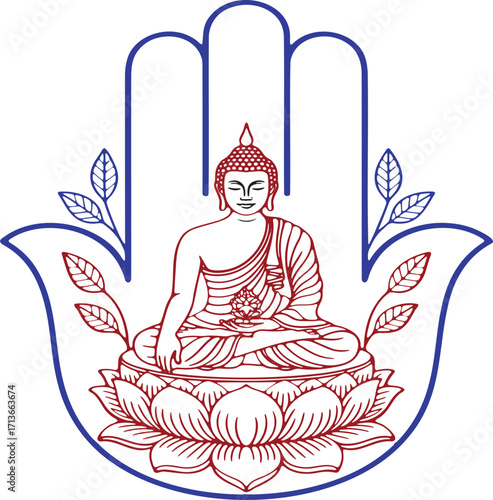 Intricate Hamsa Hand Depicting Serene Buddha in Meditation on Lotus Flower for Spirituality and Well being