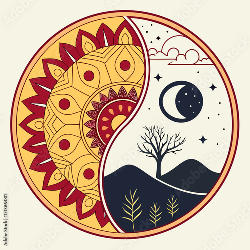 A stylized yin yang symbol representing the duality of day and night with a sun mandala on one side and a moonlit landscape with a bare tree on the other set against a cream background