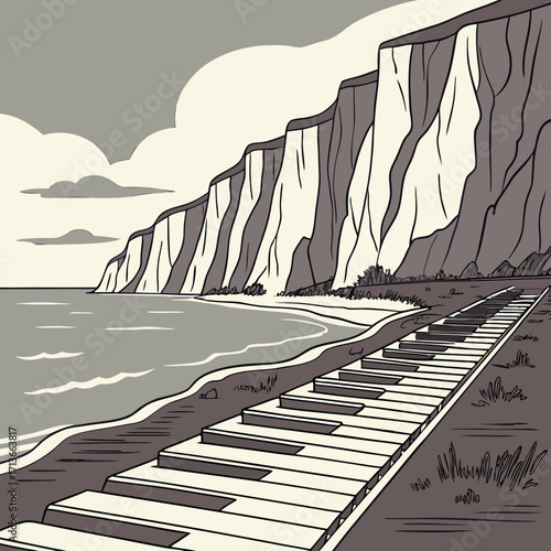 A surreal artistic illustration of a piano keyboard stretching along a sandy beach beside a calm ocean and dramatic white cliffs under a cloudy sky