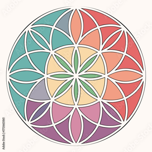 A vibrant circular mandala design featuring the sacred geometry of the flower of life pattern filled with a harmonious gradient of pastel colors and clean white outlines on a light cream background