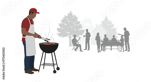 A man grilling outdoors while friends gather around in the background