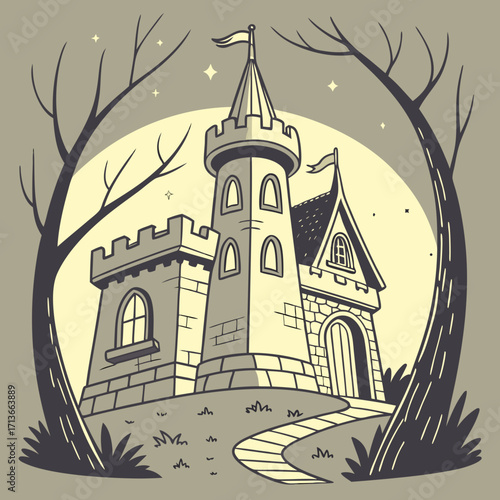 A whimsical cartoon castle with tall towers and flags stands on a hill at night framed by bare trees and a glowing moonlit sky with stars