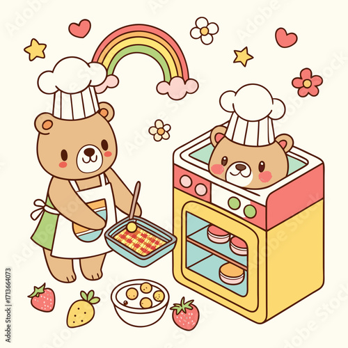 Cute cartoon bears wearing chef hats and aprons happily baking delicious treats like cookies and cakes in a colorful kitchen with a rainbow and strawberries