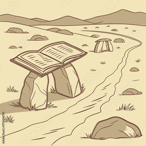 An open book rests on a natural stone structure in a serene landscape with rolling hills and a winding path leading to a small ancient shelter