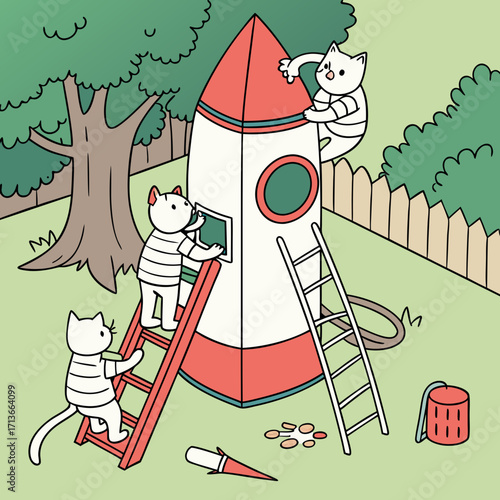 Cute cartoon cats in striped shirts are building and preparing a red and white toy rocket ship in a backyard with a wooden fence and trees