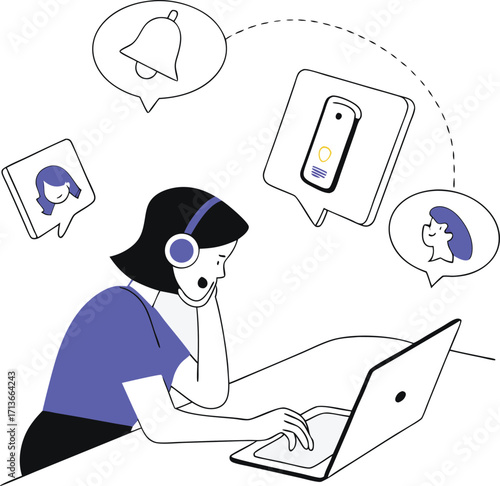 Woman wearing headphones overwhelmed by digital notifications and online tasks on laptop vector illustration