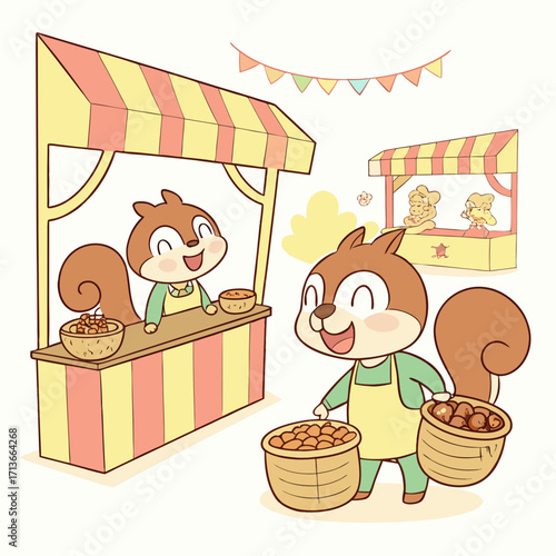 Cute cartoon squirrels happily selling nuts from market stalls adorned with colorful bunting celebrating a bountiful harvest and community spirit