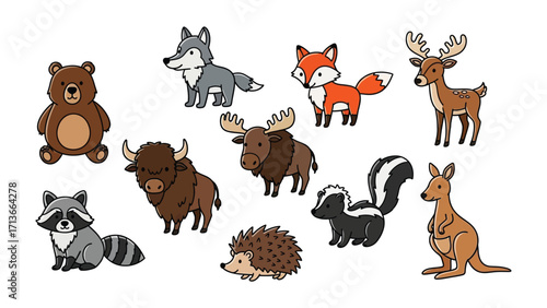 Wildlife Collection: A curated collection of hand-drawn, stylized wildlife illustrations, showcasing diverse animals from various habitats, presented with a playful and charming aesthetic. 