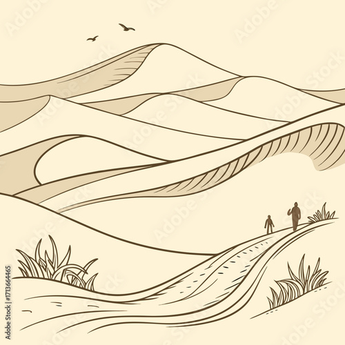 Stylized illustration of rolling desert sand dunes under a pale sky with two birds flying overhead and two figures walking on a path