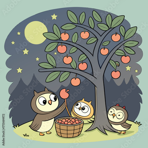 Three adorable cartoon owls are happily picking ripe red apples from a tree under a starry night sky with a full moon