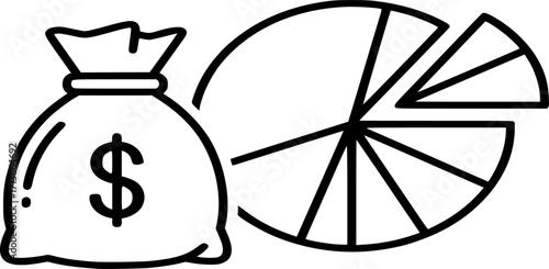 Financial Distribution, Budget Planning, Funds Allocation Icon Vector. Concept of Money Bag with Pie Chart, illustration in Outline and solid style