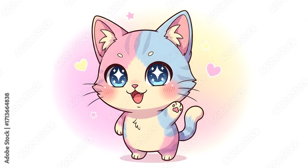 Fototapeta premium Adorable Pastel Cat Illustration Kawaii Kitty with Sparkling Eyes