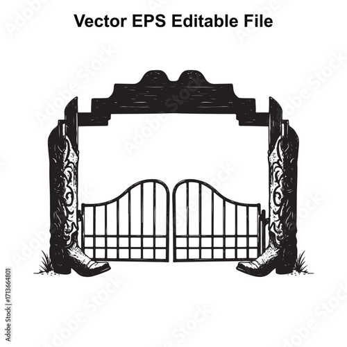 Vector art of western archway with cowboy boots and gates