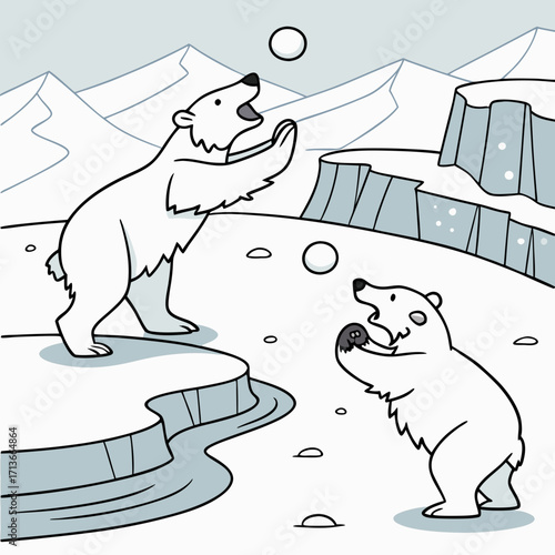 Two playful cartoon polar bears enjoying a snowy day in the arctic tossing and catching snowballs on an ice floe with mountains in the background