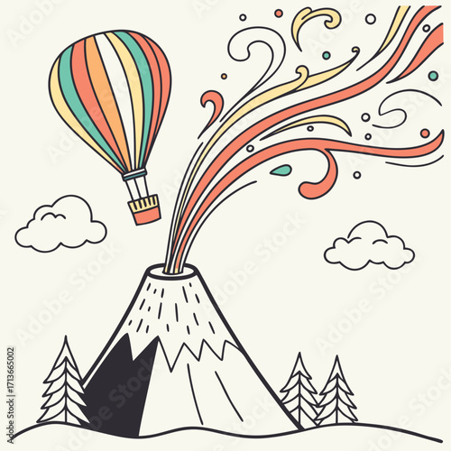 Whimsical hot air balloon floats above a colorful erupting volcano spewing vibrant streams of smoke and ash into the sky with clouds and trees