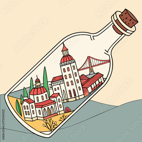 Whimsical illustration of a glass bottle filled with a charming cityscape featuring iconic landmarks and a suspension bridge floating on wavy blue water