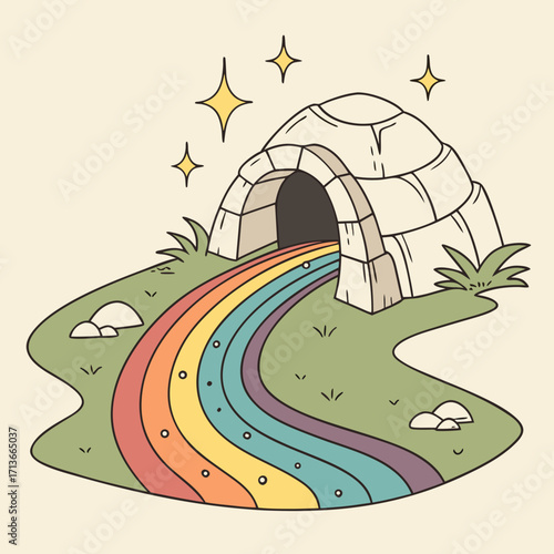 Whimsical igloo entrance with a vibrant rainbow path flowing outward surrounded by green grass and sparkling stars on a cream background