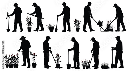 Silhouettes of people gardening with tools and potted plants outdoors