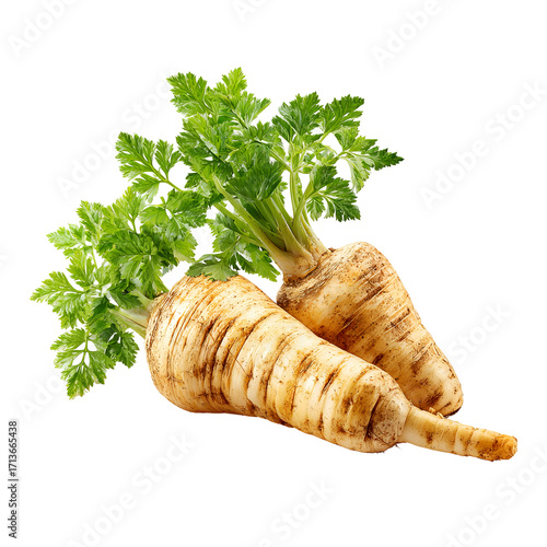 Two parsnips with green leaves
