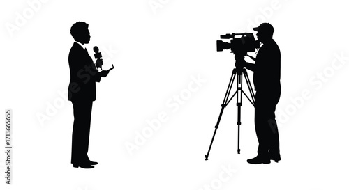 Silhouette of a reporter interviewing a person with a camera crew