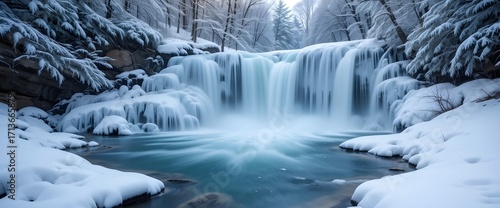 Winter Frozen Waterfall Landscape with Icy Blue Water Flowing in Snowy Forest with Long Exposure