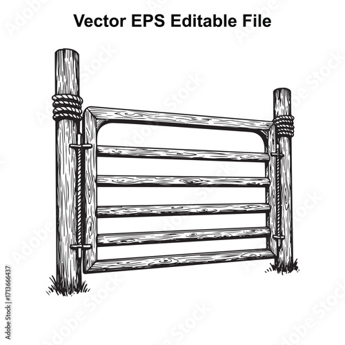 Vector art of rustic wooden farm gate with rope and latch
