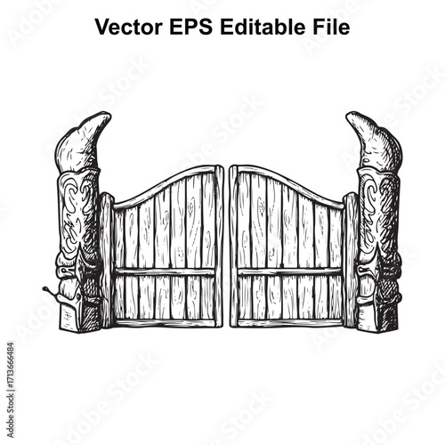 Vector art of vintage wooden gate with ornate pillars