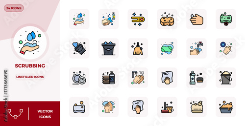 Scrubbing Exclusive Vector Set featuring 24 Lineal Filled Flat PIXEL Perfect 128x128 Icons