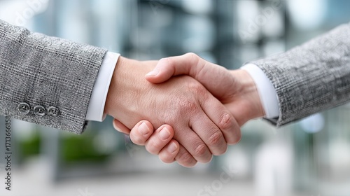 Business Agreement Handshake Between Two People in Gray Patterned Suits Against a Blurry Background
