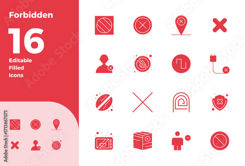 Forbidden Vector Icon Library with 16 Filled 128x128 PIXEL Perfect Designs