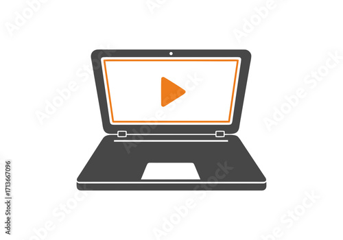 A simple graphic of a laptop computer displaying a play button on its screen, suggesting video playback or media content on vector illustration