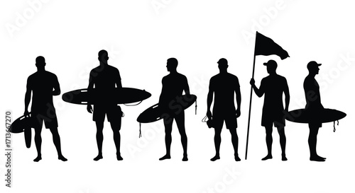 Silhouettes of surfers with boards and a flag on white background