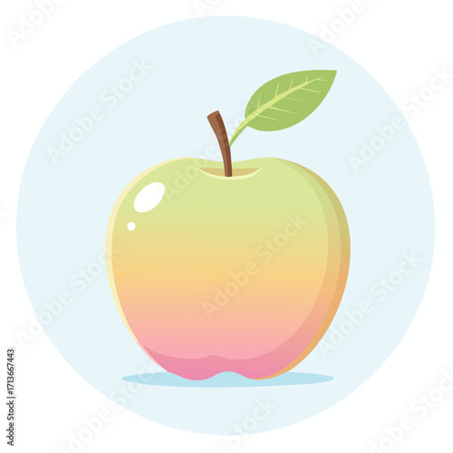 A beautifully rendered, vibrant cartoon illustration of a fresh apple with a single green leaf, set against a soft blue background in a circular frame