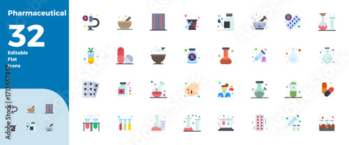 32 PIXEL Perfect Flat Colors Vector Icons designed for Pharmaceutical Interface