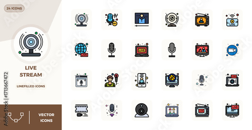 24 Lineal Filled Flat PIXEL Perfect Vector Icons crafted for Live Stream 128x128 applications