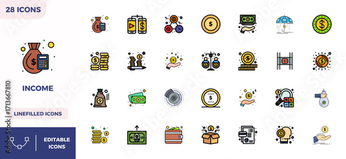 Lineal Color Filled PIXEL Perfect Vector Icons from Income Set with 28 128x128 Icons