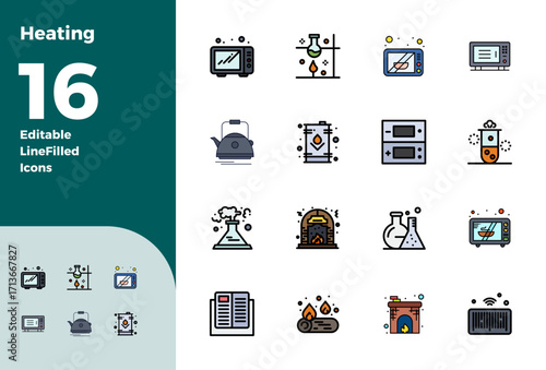 Heating Exclusive Vector Set featuring 16 Colorful Line Filled PIXEL Perfect 128x128 Icons