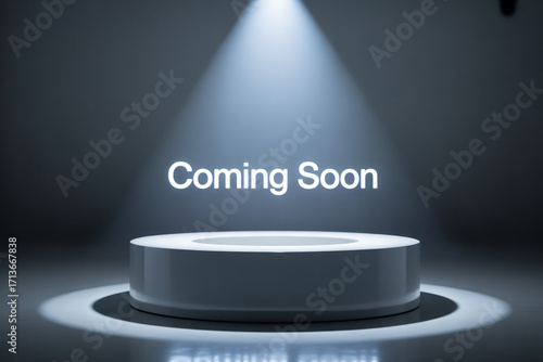 Exciting new product launch announcement with a spotlighted stage and glowing 'Coming Soon' message, building anticipation for your next big reveal.