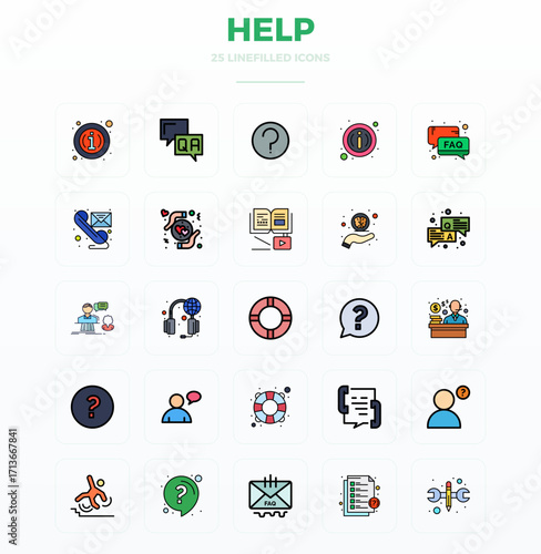 Help Vector Icon Toolkit featuring 25 PIXEL Perfect 128x128 Flat Line Filled elements
