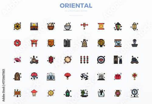 Oriental Vector Graphics Pack including 40 Flat Line Filled 128x128 PIXEL Perfect Icons